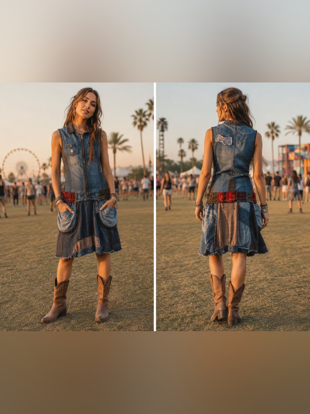 Desigual Boho Denim Midi Dress Size 38 Sleeveless Festival Jean Dress Half Zip - Picture 2 of 13